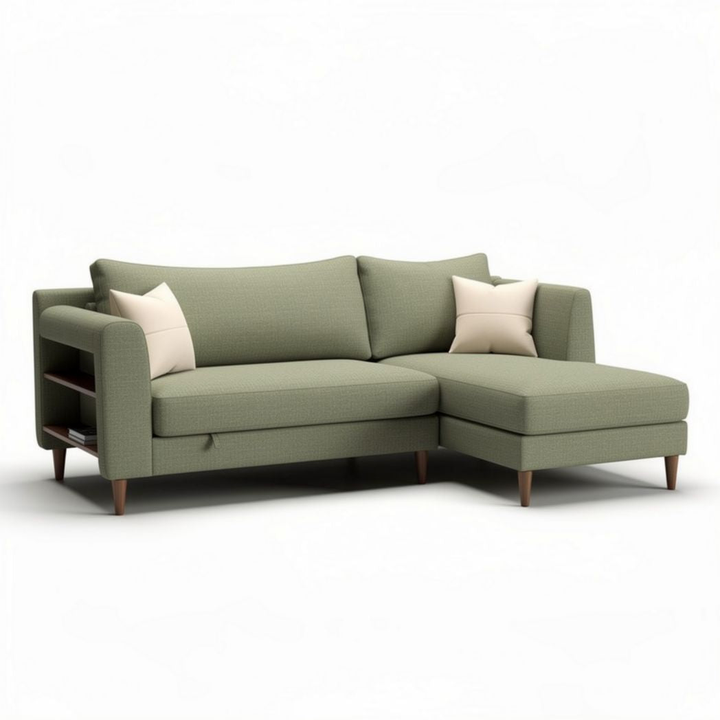 Green fabric sectional sofa with wooden legs and removable cushions 200 x 90 x 85cm