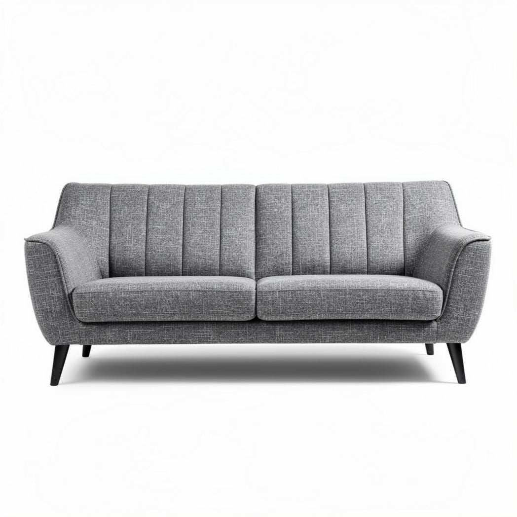 Mid-century modern grey fabric sofa with tapered wooden legs 180 x 80 x 75cm