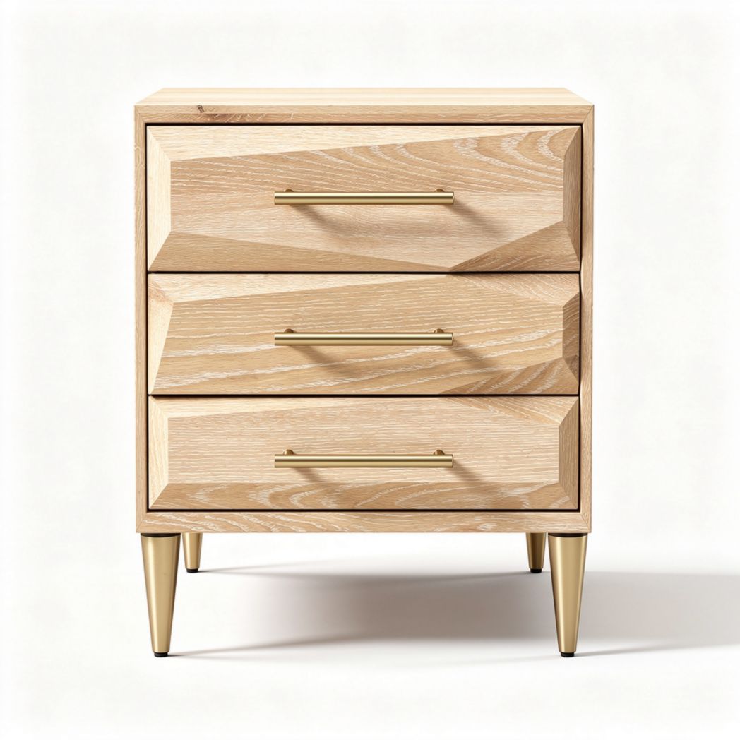 Modern oak nightstand with three drawers and gold hardware 50 x 40 x 60cm