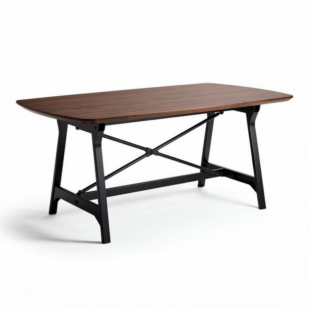 Wooden dining table with black metal legs and cross support 160 x 80 x 75cm