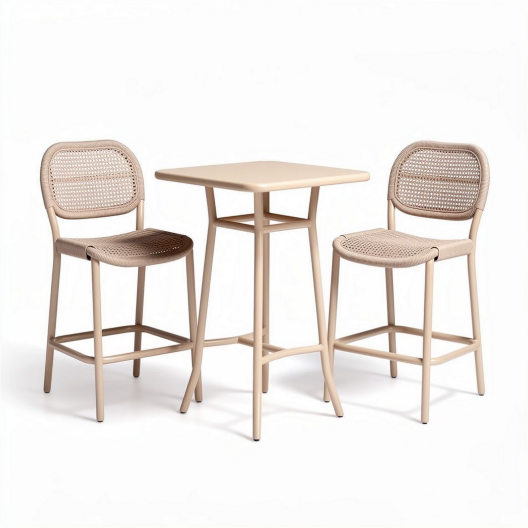 Outdoor patio bar table and chair set with rattan backrest in beige 70 x 70 x 100cm