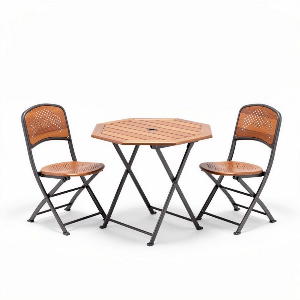 Wooden patio folding table with two chairs for outdoor dining 80 x 80 x 75cm