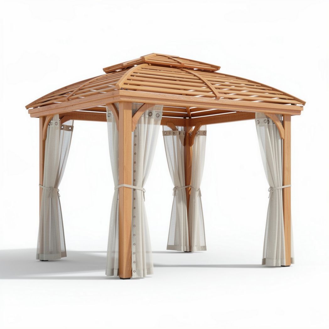 Wooden outdoor gazebo with canopy and sheer curtains 300 x 300 x 250cm