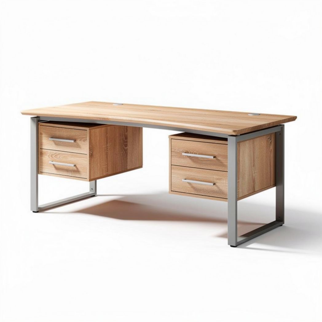 Wooden office desk with metal frame and two storage drawers 150 x 75 x 75cm