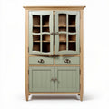 Wooden storage cabinet with glass doors in green and natural finish 80 x 40 x 120cm