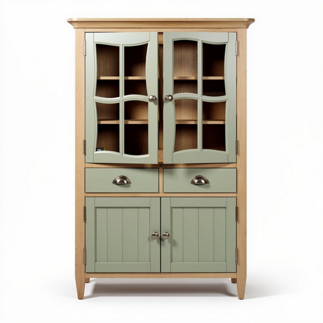Wooden storage cabinet with glass doors in green and natural finish 80 x 40 x 120cm