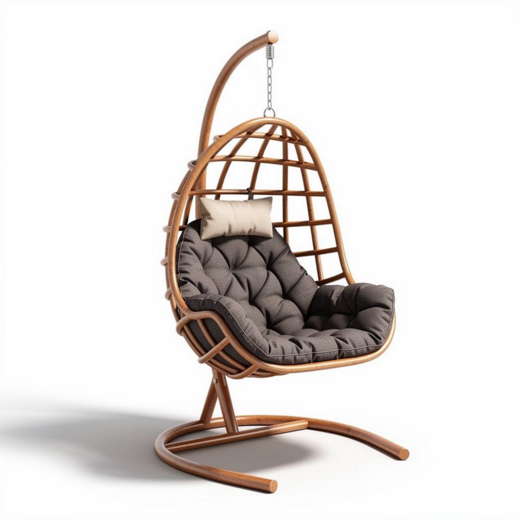 Hanging egg chair with cushion in brown wicker and metal frame 90 x 80 x 120cm