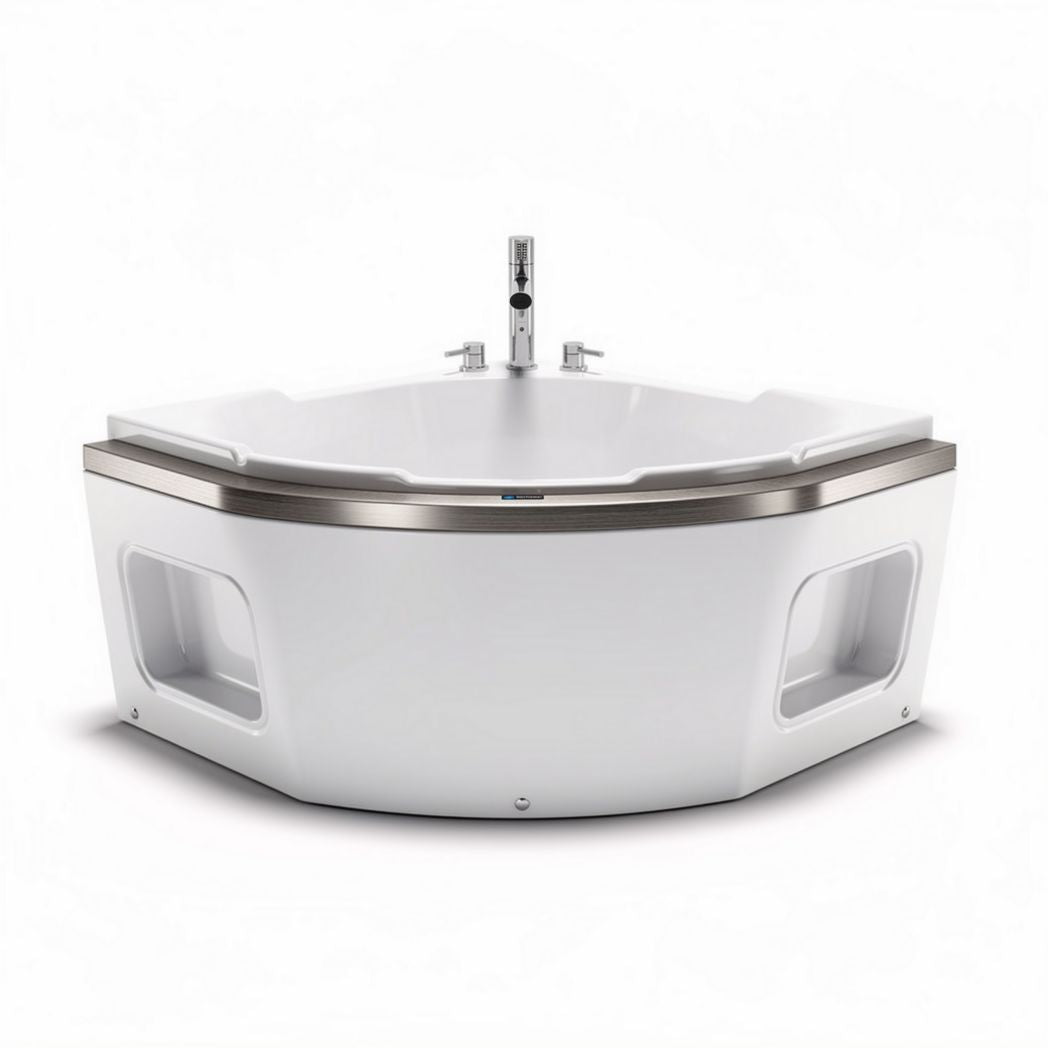 Corner freestanding acrylic soaking tub with brushed nickel faucet 150 x 150 x 60cm