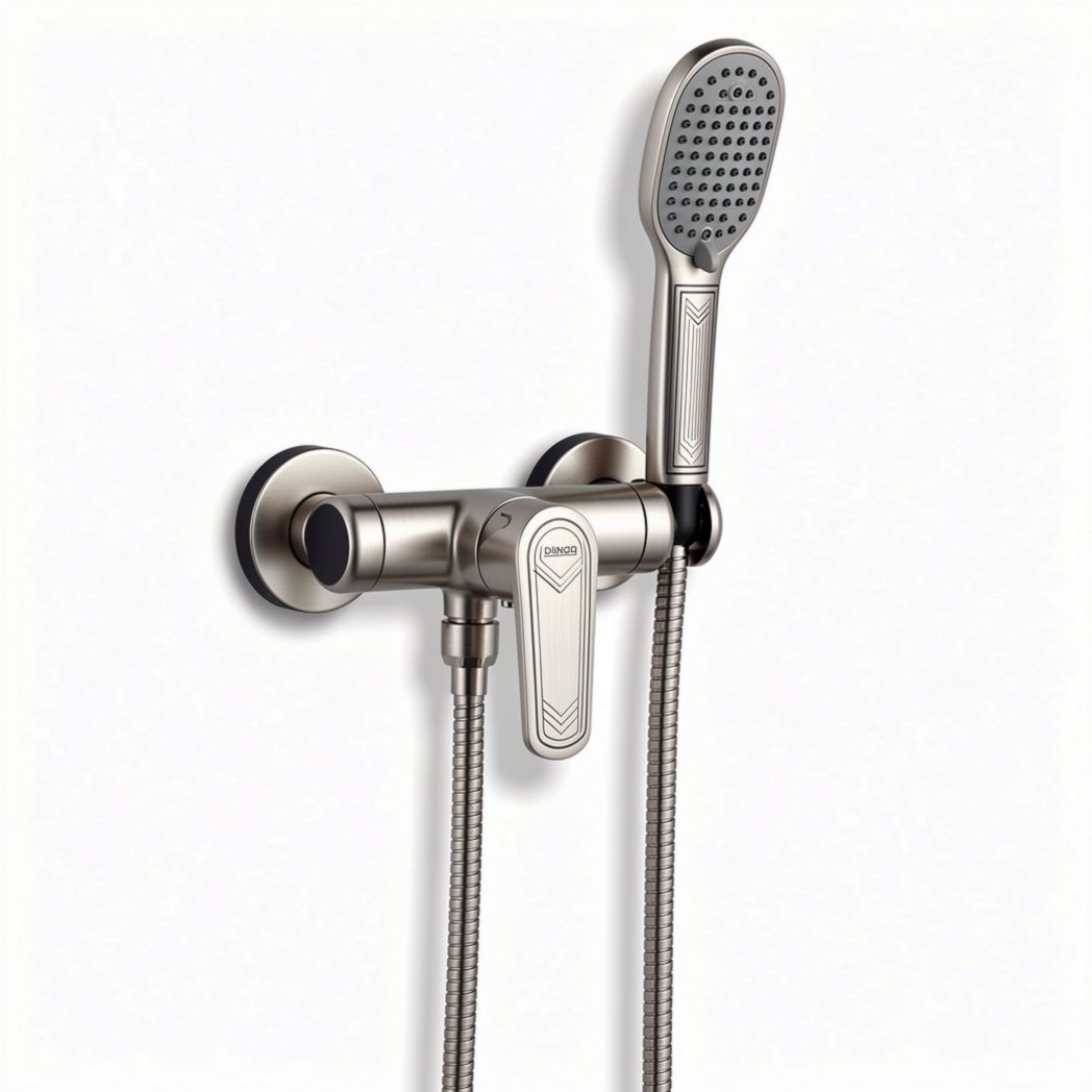 Wall-mounted showerhead with flexible hose in brushed nickel finish 20 x 10 x 8cm